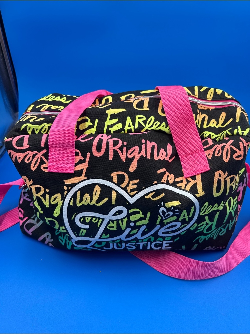 Justice Black Duffle Bag with Neon Script and Pink Straps